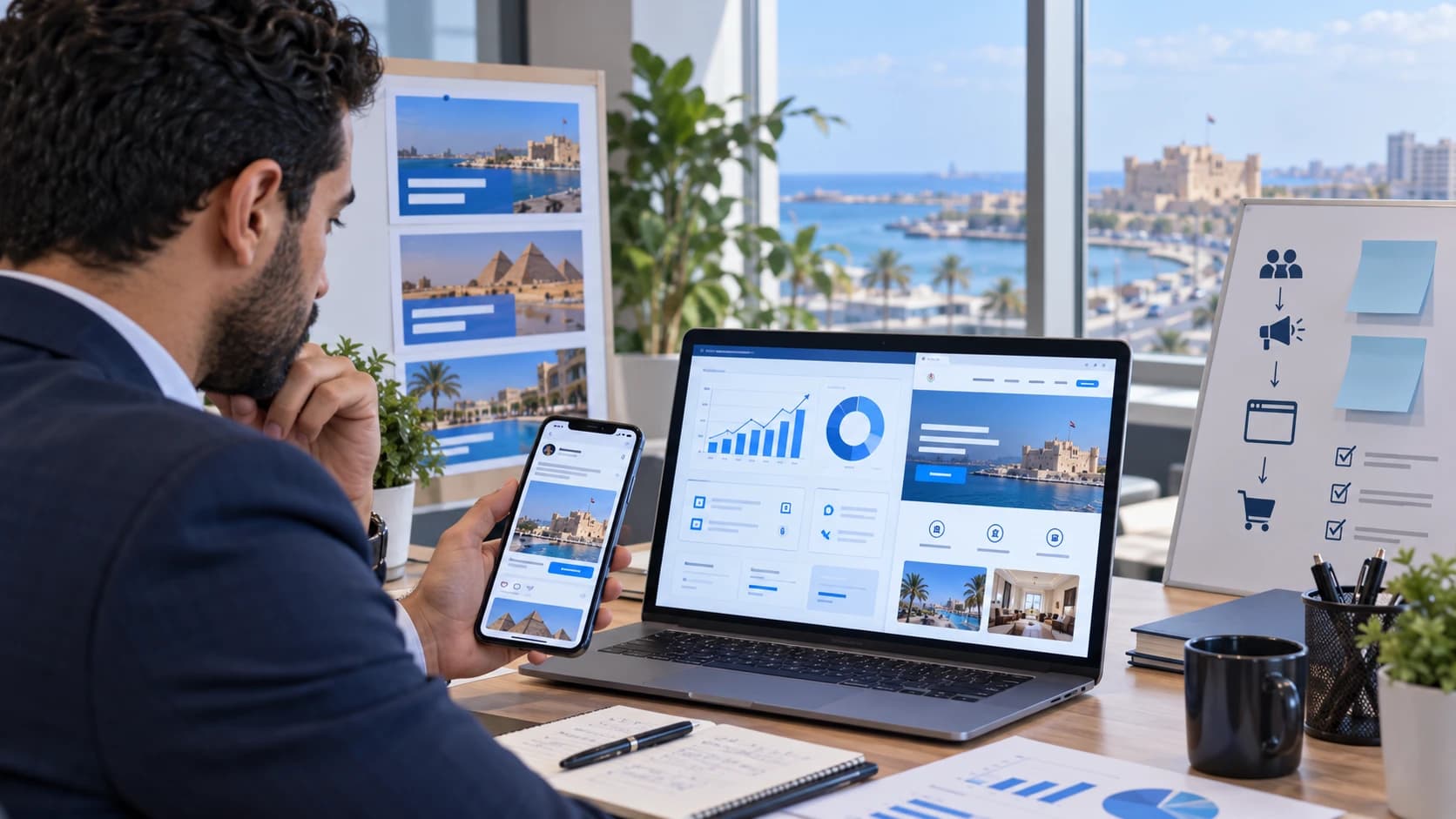 A professional digital marketing team in Alexandria, Egypt, discussing business growth strategies and digital marketing services, including social media management, content creation, paid advertising, SEO, website development, and CRM solutions. The moder