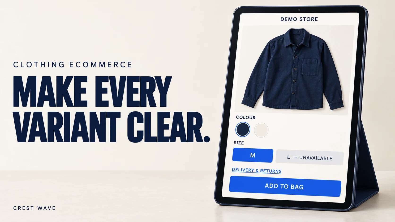 Clothing product view with color variants and a size selector