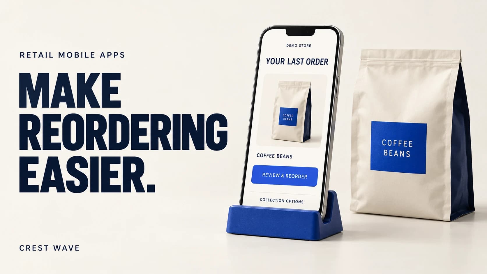 Retail mobile app reorder screen beside a packed customer order