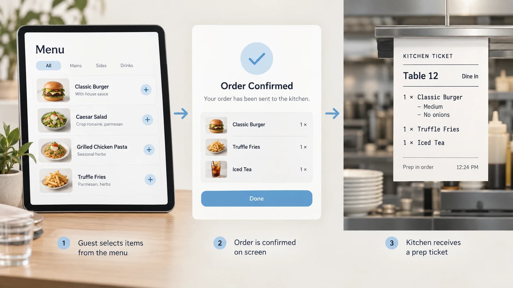 A clean editorial illustration of a restaurant menu connected to an order confirmation and a kitchen ticket. Use an original neutral interface with no payment logos or invented sales figures.