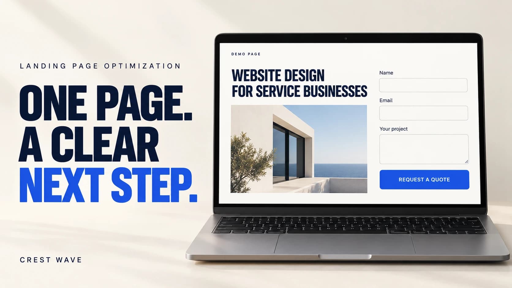 Landing page wireframe showing the offer, supporting evidence, contact form and confirmation