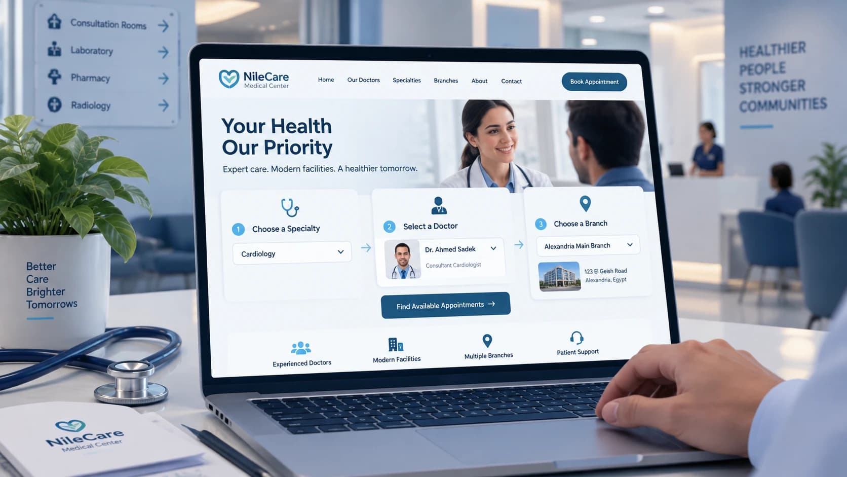 Medical center website navigation showing specialty doctor and branch selection Image filename  medical-center-website-development