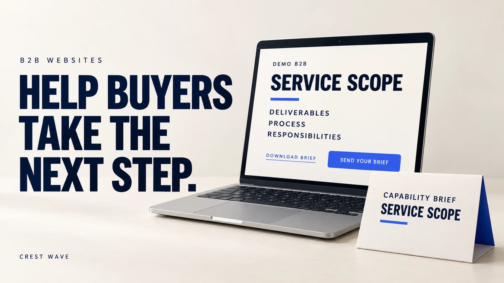 Corporate service page beside a capability document and inquiry brief
